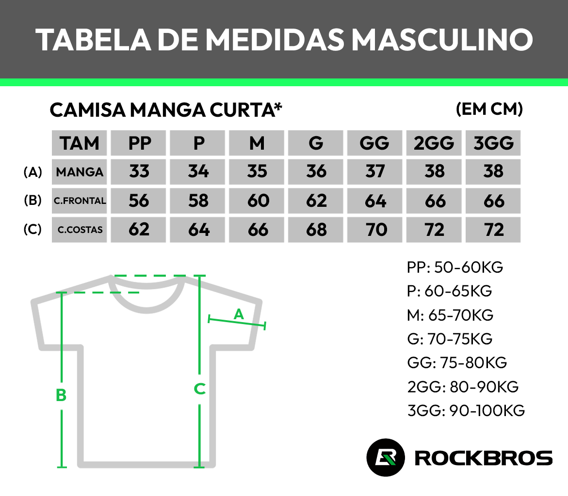 tabela de medidas camisa de ciclismo Rockbros